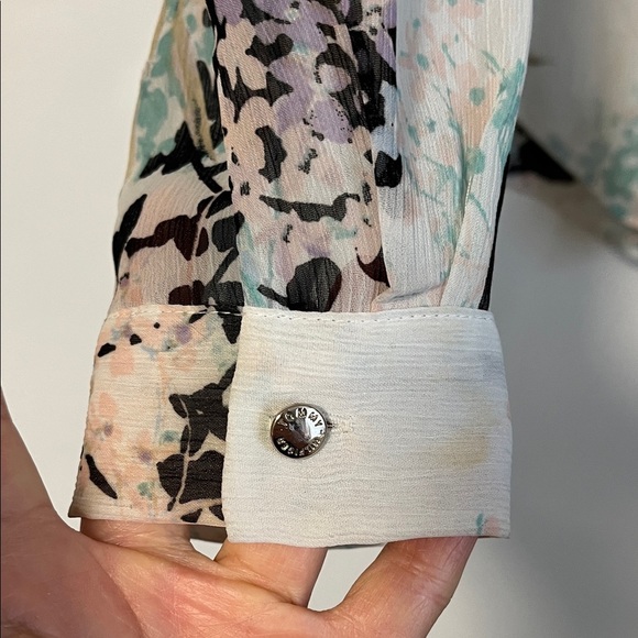 Tommy Hilfiger Floral Ruffle Blouse Lined White Black Turquoise Colors, Size M - Picture 5 of 12